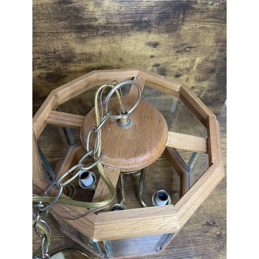 Wood & Smoked Glass Panel Hanging Pendant Swag 5 Lights VTG Mid Century Modern